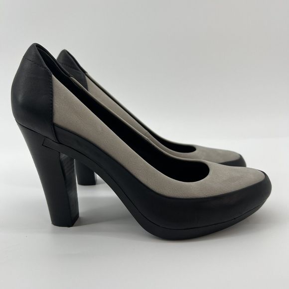 Tsubo Pumps Women's 8.5 Black Leather Gray Suede Stacked 4” Heels Buttery Soft‎ - Picture 1 of 11